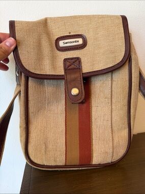 Samsonite Beige Canvas Messenger Bag with Brown Trim and Red Stripe